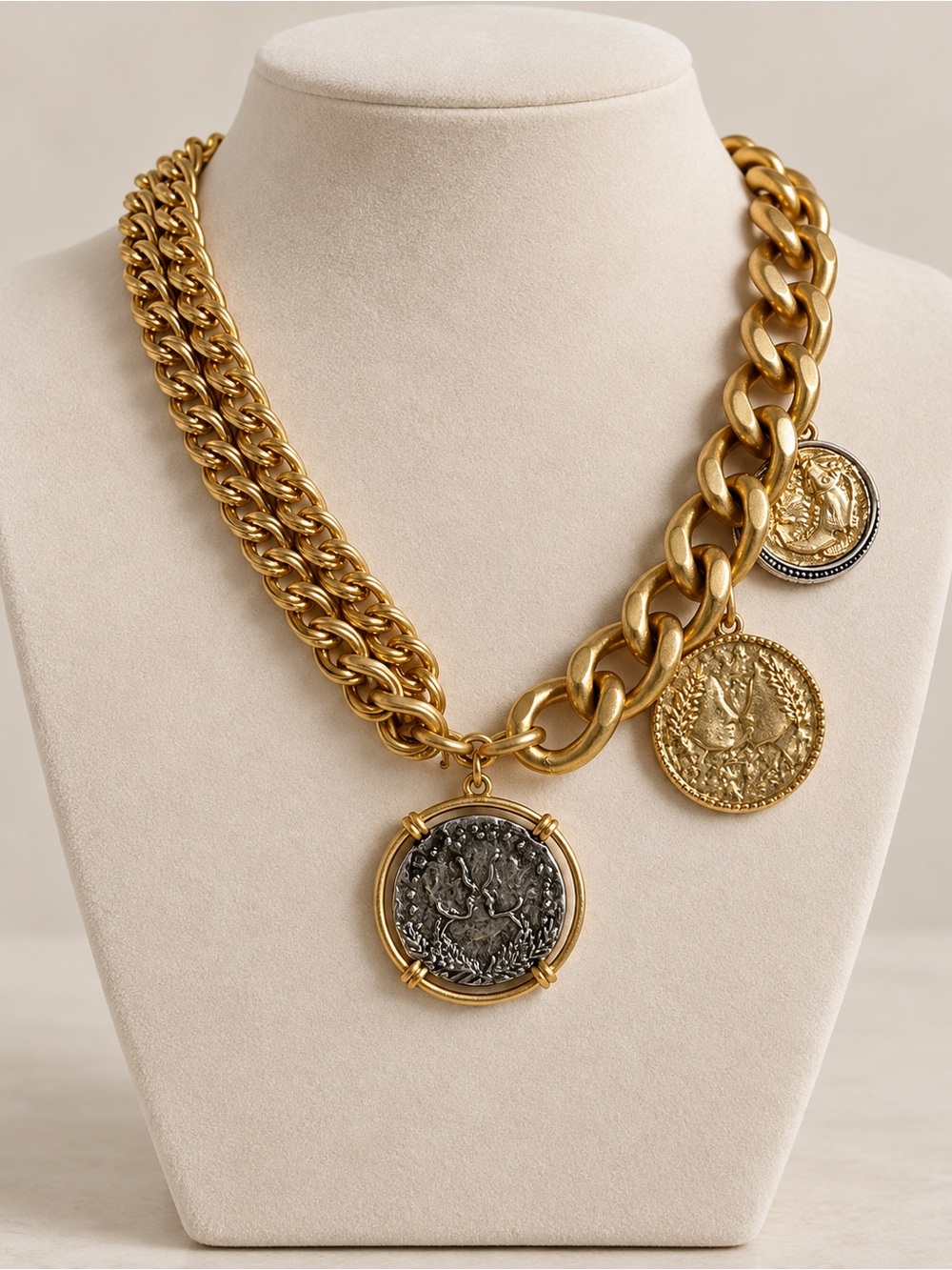 ZARA Gold-Tone Mixed Chain Coin Charm Statement Necklace
